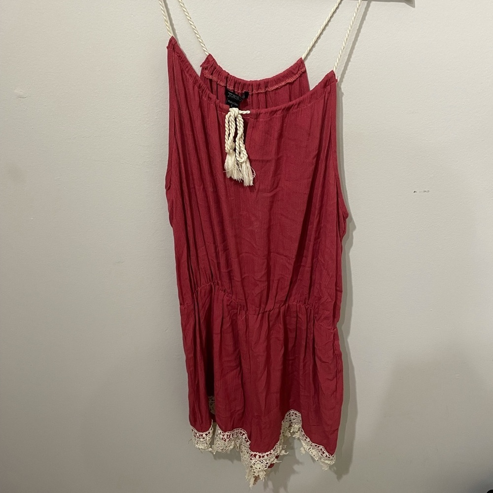 Coral Romper with Beige Lace Detail